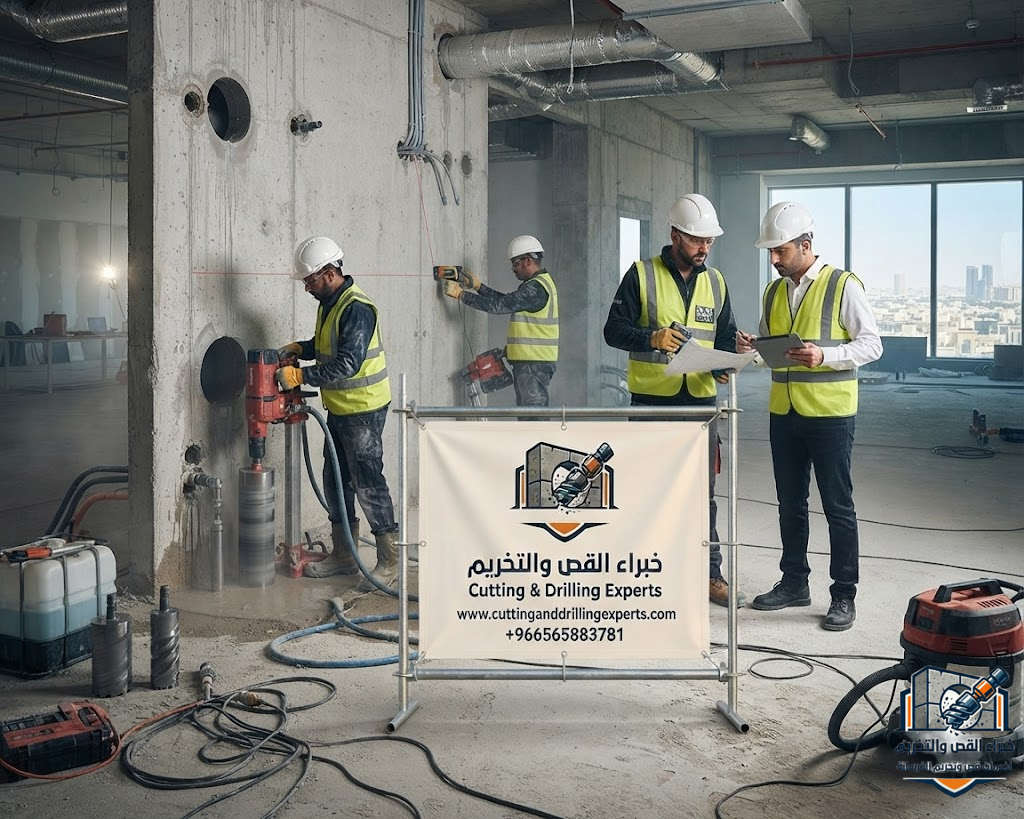 تخريم الخرسانة المسلحة لتمديدات السباكة والكهرباء والتكييف في الرياض بدون تكسير أو تشققات باستخدام تقنية Diamond Core Drill